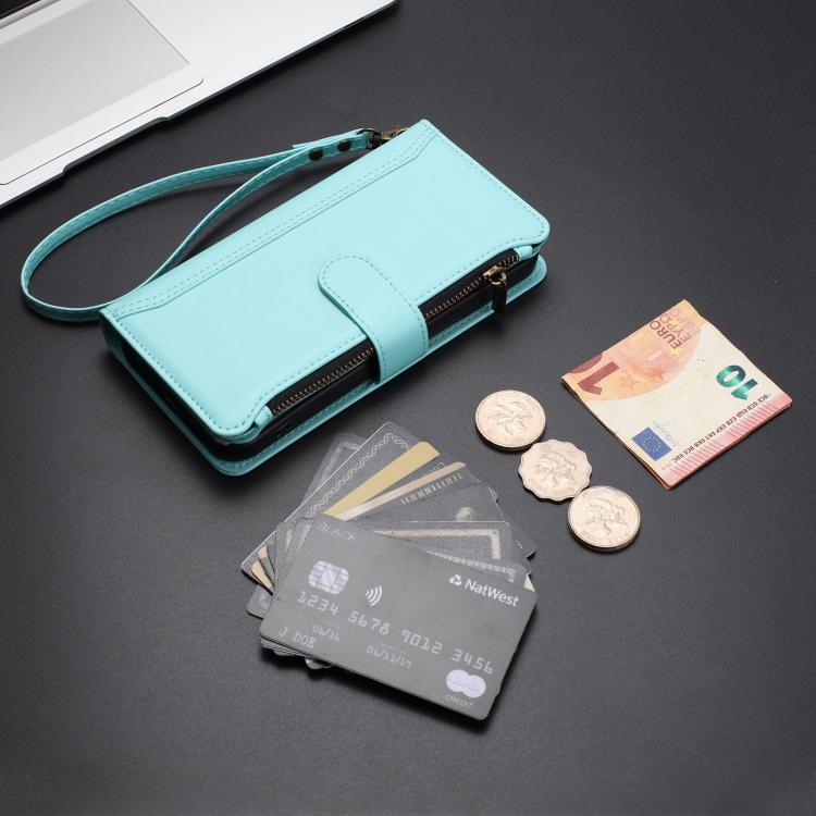For Fairphone 5 Magnetic Closure 9 Card Slots Zipper Leather Case with Hand Strap