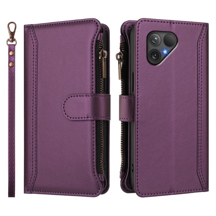 For Fairphone 5 Magnetic Closure 9 Card Slots Zipper Leather Case with Hand Strap