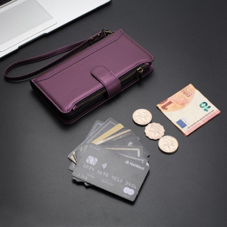 For Fairphone 5 Magnetic Closure 9 Card Slots Zipper Leather Case with Hand Strap