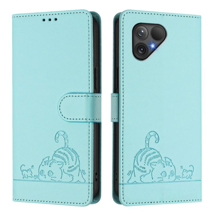 For Fairphone 5 Cat Rat Embossed Pattern RFID Leather Phone Case with Lanyard