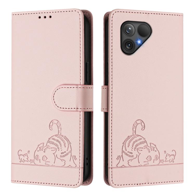 For Fairphone 5 Cat Rat Embossed Pattern RFID Leather Phone Case with Lanyard