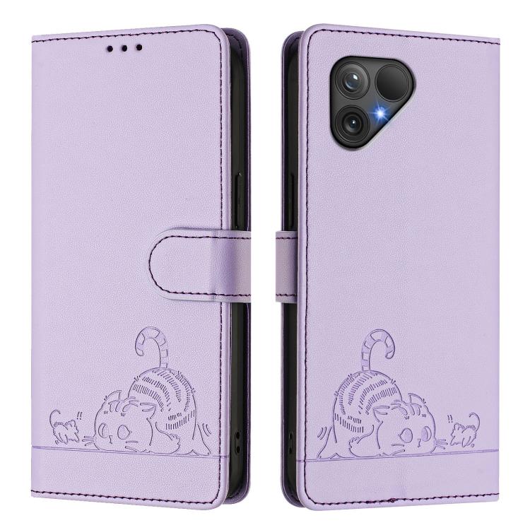 For Fairphone 5 Cat Rat Embossed Pattern RFID Leather Phone Case with Lanyard