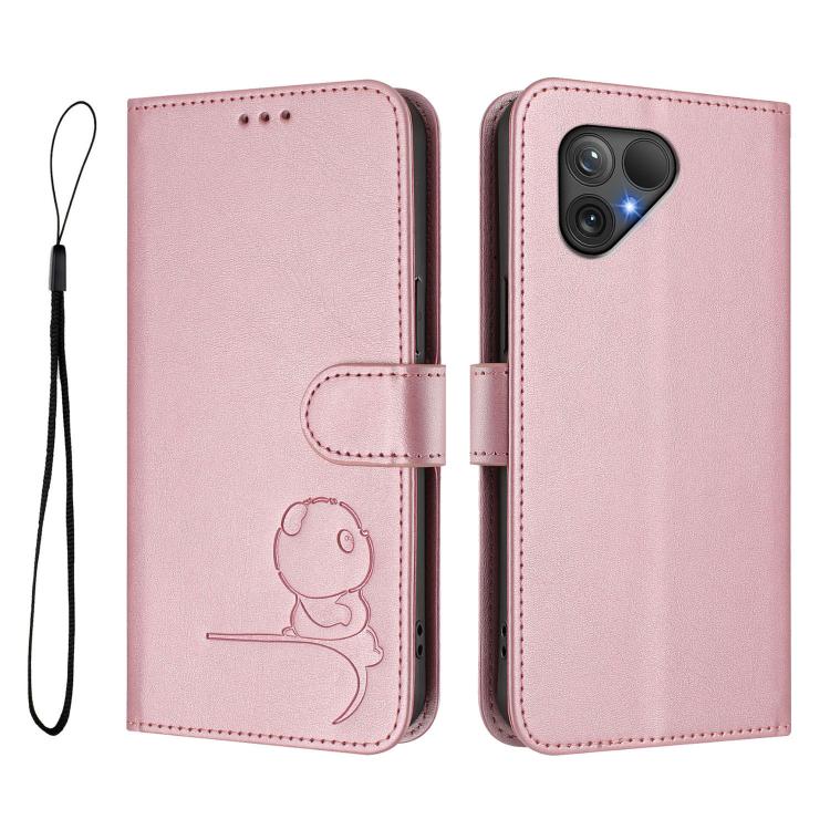 For Fairphone 5 Litter Panda Embossing RFID Leather Phone Case with Lanyard