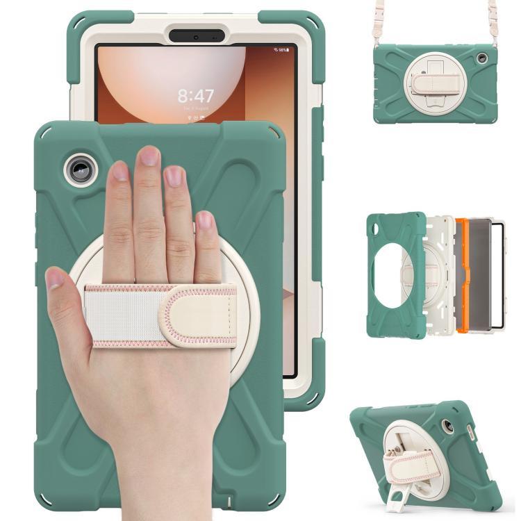 For Samsung Galaxy Tab A11 Rotatable Holder Silicone Hybrid PC Tablet Case with Shoulder Strap