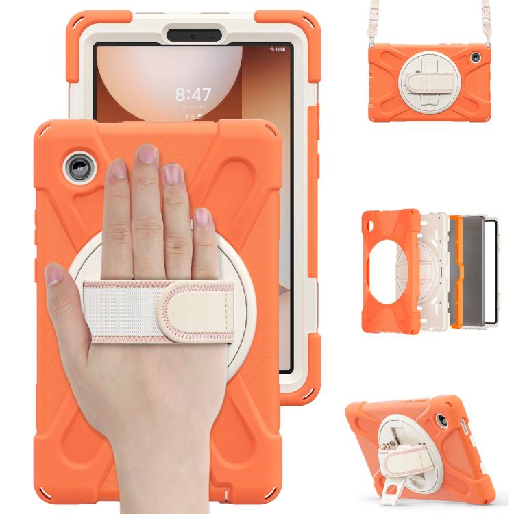 For Samsung Galaxy Tab A11 Rotatable Holder Silicone Hybrid PC Tablet Case with Shoulder Strap