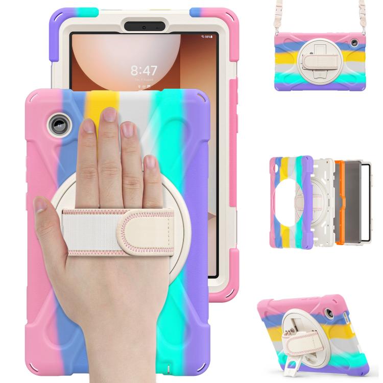 For Samsung Galaxy Tab A11 Rotatable Holder Silicone Hybrid PC Tablet Case with Shoulder Strap