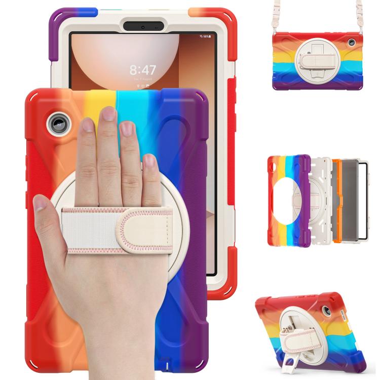 For Samsung Galaxy Tab A11 Rotatable Holder Silicone Hybrid PC Tablet Case with Shoulder Strap