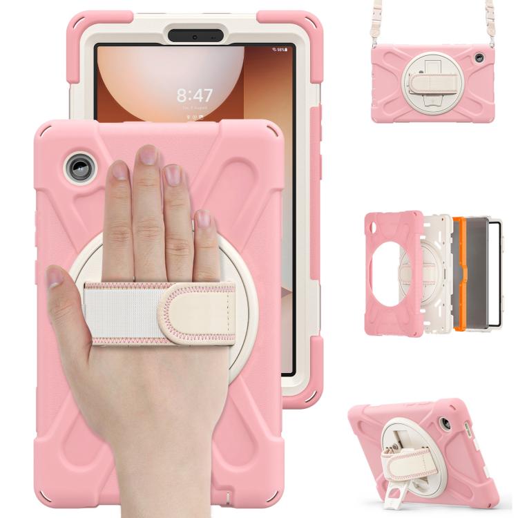 For Samsung Galaxy Tab A11 Rotatable Holder Silicone Hybrid PC Tablet Case with Shoulder Strap