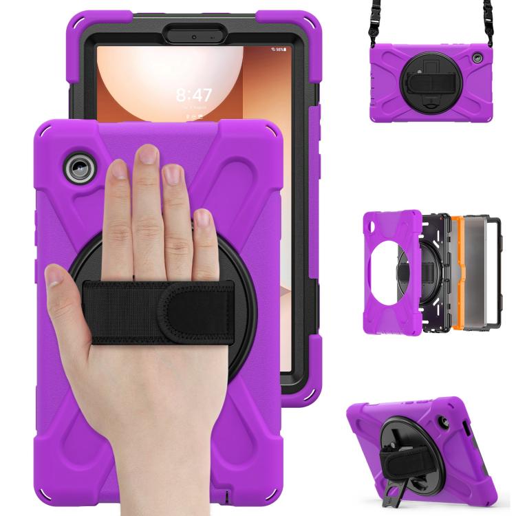For Samsung Galaxy Tab A11 Rotatable Holder Silicone Hybrid PC Tablet Case with Shoulder Strap