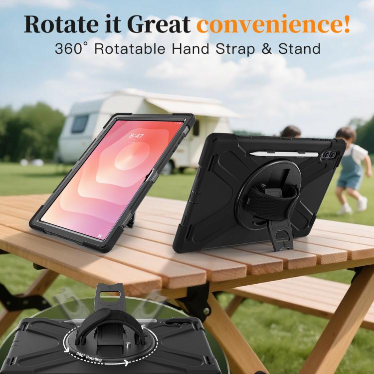 For Samsung Galaxy Tab S11 Ultra Rotatable Holder Silicone Hybrid PC Tablet Case with Shoulder Strap