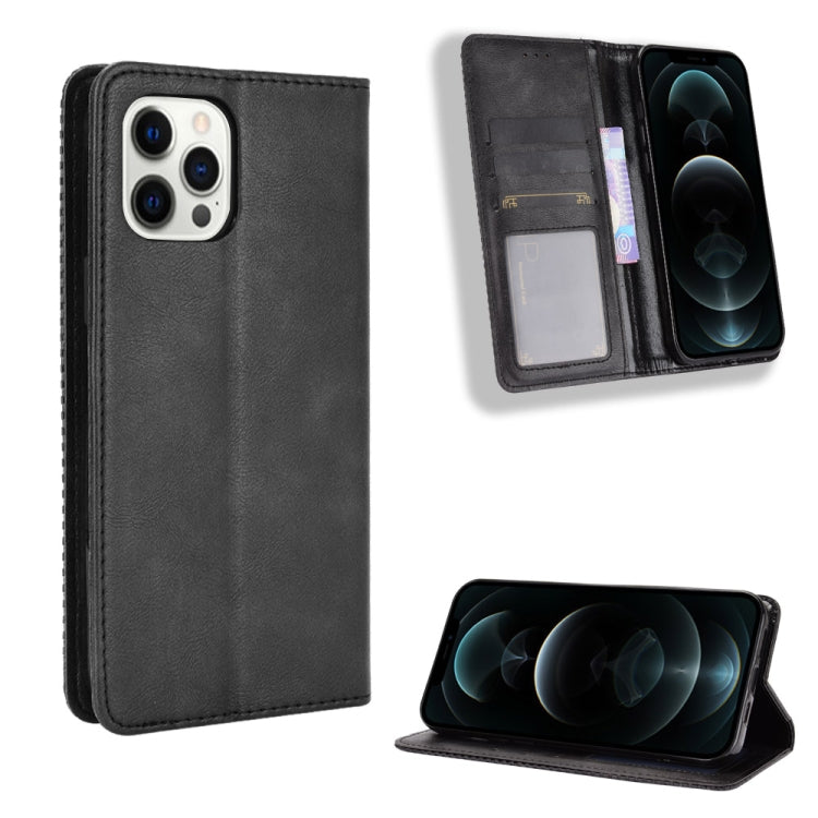For iPhone 12 / 12 Pro Magnetic Buckle Retro Pattern Horizontal Flip Leather Case with Holder & Card Slot & Wallet