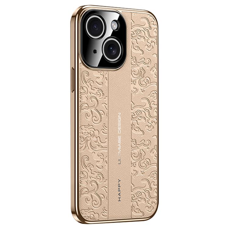 For iPhone 14 Cloud Dragon Pattern Plain Leather PC Phone Case