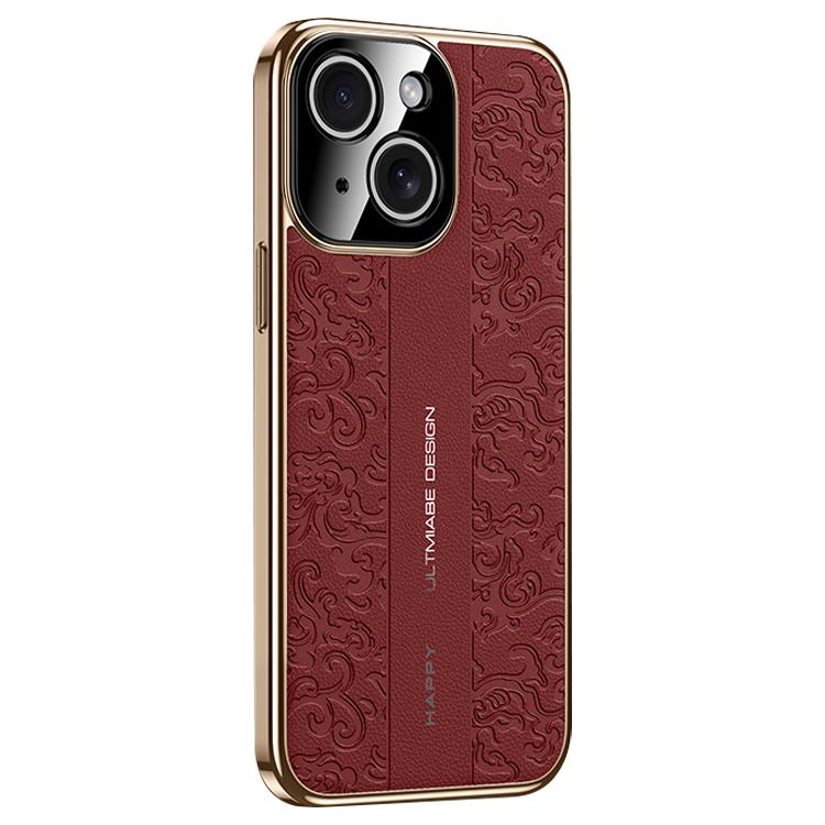 For iPhone 14 Cloud Dragon Pattern Plain Leather PC Phone Case