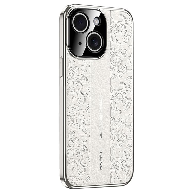For iPhone 14 Cloud Dragon Pattern Plain Leather PC Phone Case