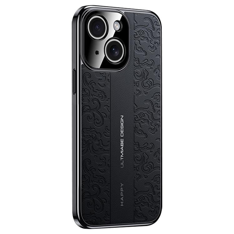 For iPhone 15 Cloud Dragon Pattern Plain Leather PC Phone Case