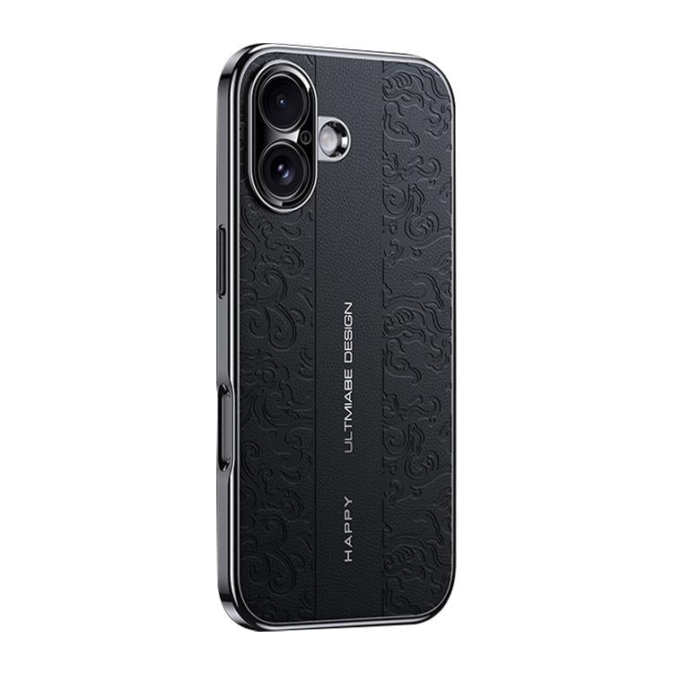 For iPhone 16 Cloud Dragon Pattern Plain Leather PC Phone Case