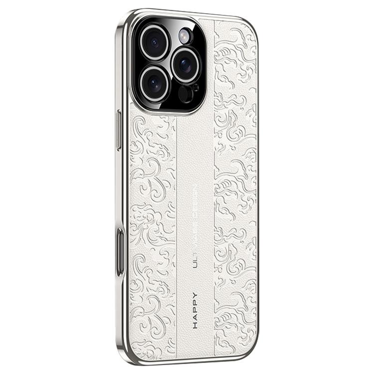 For iPhone 16 Pro Cloud Dragon Pattern Plain Leather PC Phone Case