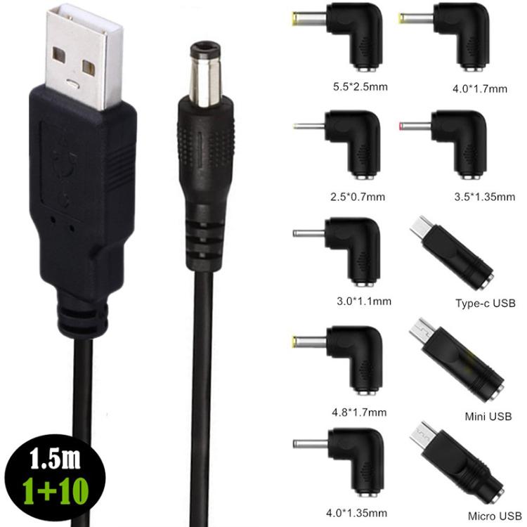 1.5m USB to DC5.5x2.1mm Male Power Cord with 10pcs Converter - Black