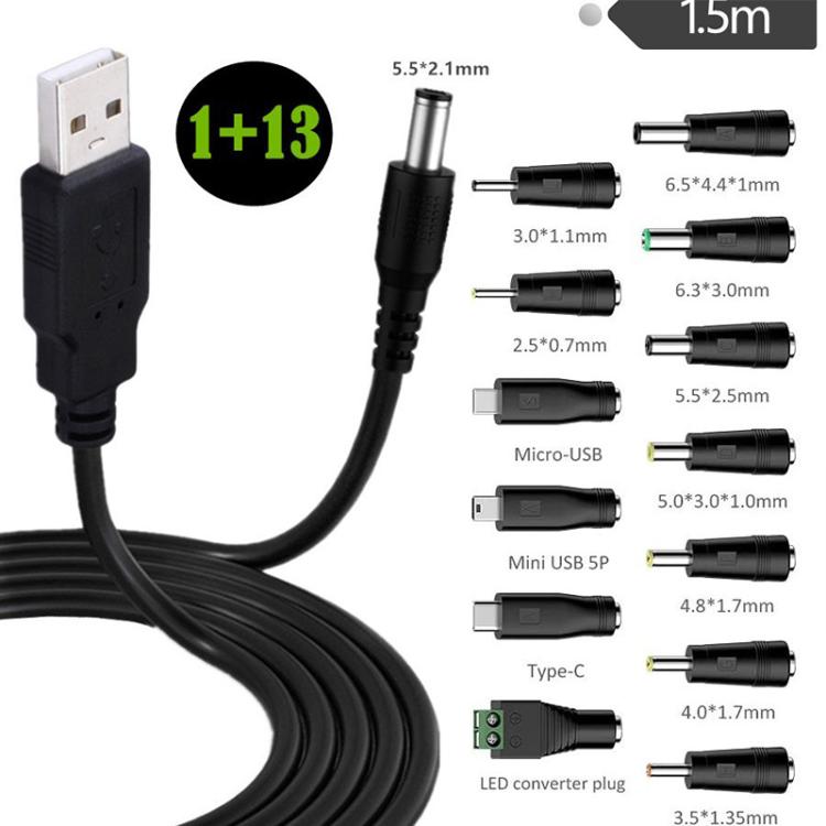 1.5m USB to DC5.5x2.1mm Male Power Cord with 13pcs Converter - Black