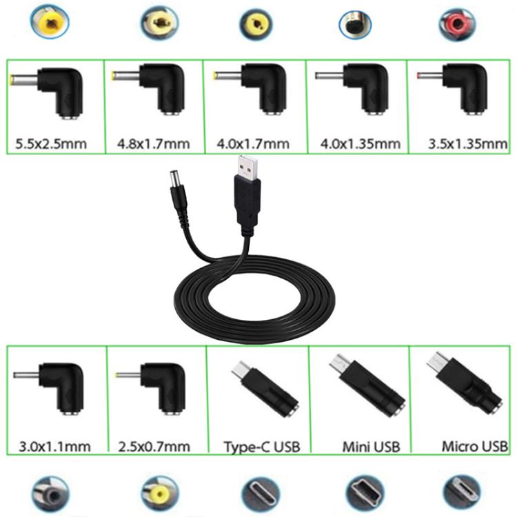 1.5m USB to DC5.5x2.1mm Male Power Cord with 13pcs Converter - Black