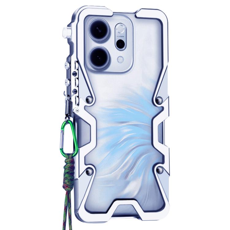For OPPO Reno14 Pro 5G Global Trigger Design Hollow Metal Frame Phone Case with Lanyard