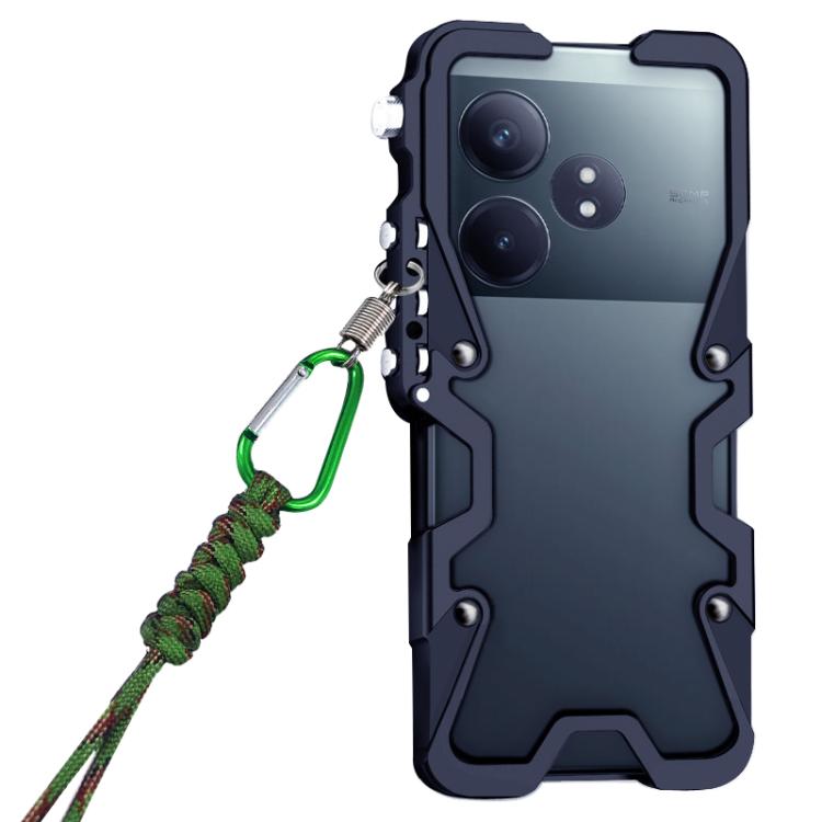 For Realme GT 6T Trigger Design Hollow Metal Frame Phone Case with Lanyard