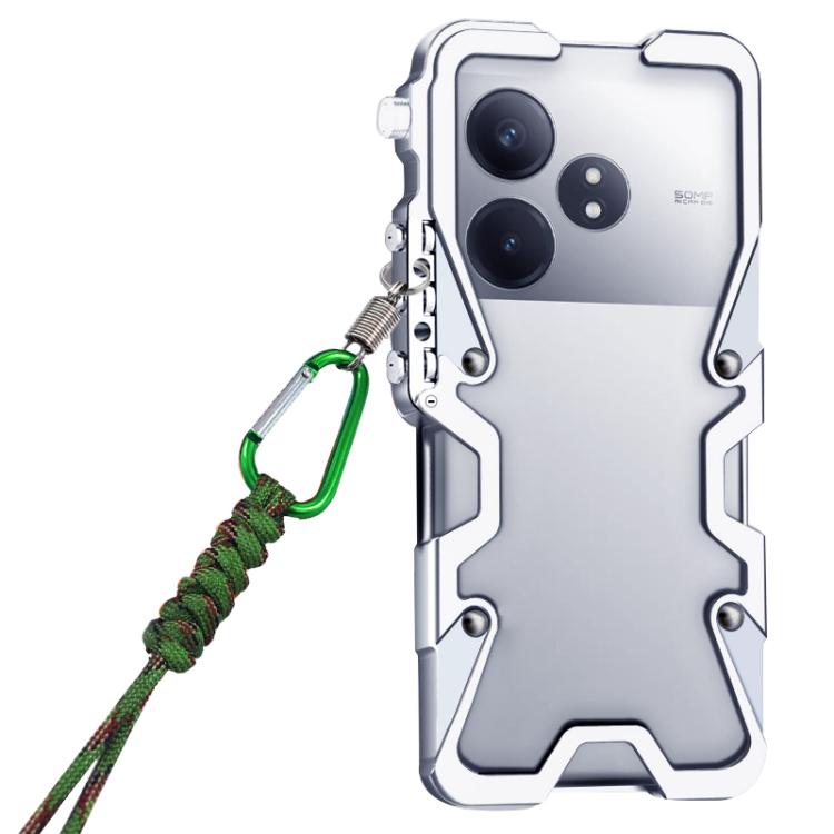For Realme GT 6T Trigger Design Hollow Metal Frame Phone Case with Lanyard