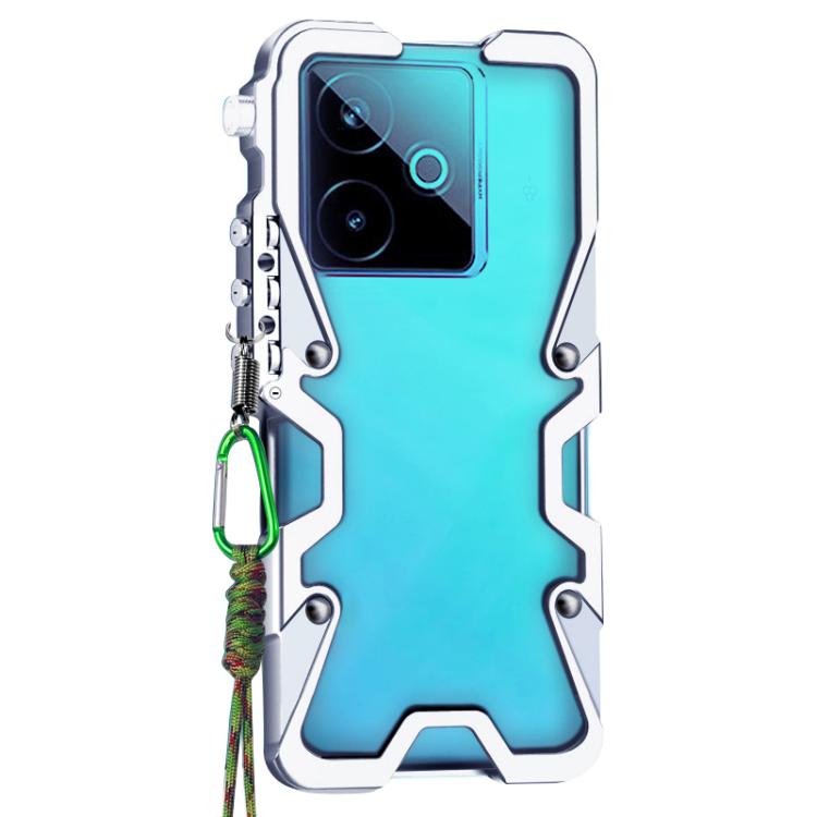 For Realme GT 7 Trigger Design Hollow Metal Frame Phone Case with Lanyard