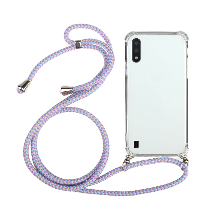 For Samsung Galaxy A01 (EU Version) Four-Corner Anti-Fall Transparent TPU Protective Case with Lanyard