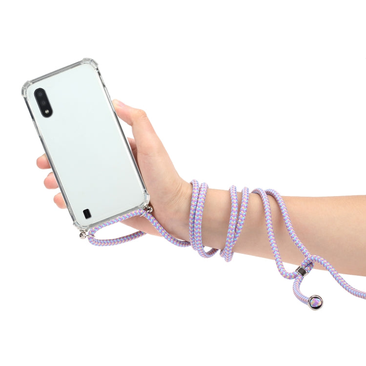 For Samsung Galaxy A01 (EU Version) Four-Corner Anti-Fall Transparent TPU Protective Case with Lanyard