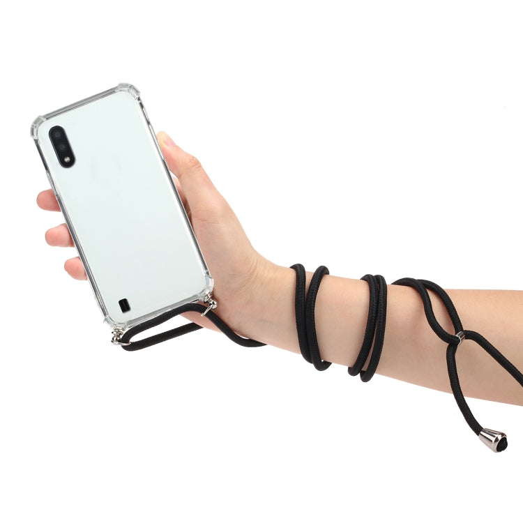 For Samsung Galaxy A01 (EU Version) Four-Corner Anti-Fall Transparent TPU Protective Case with Lanyard