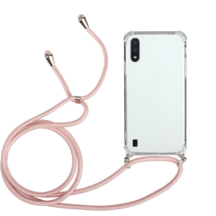 For Samsung Galaxy A01 (EU Version) Four-Corner Anti-Fall Transparent TPU Protective Case with Lanyard