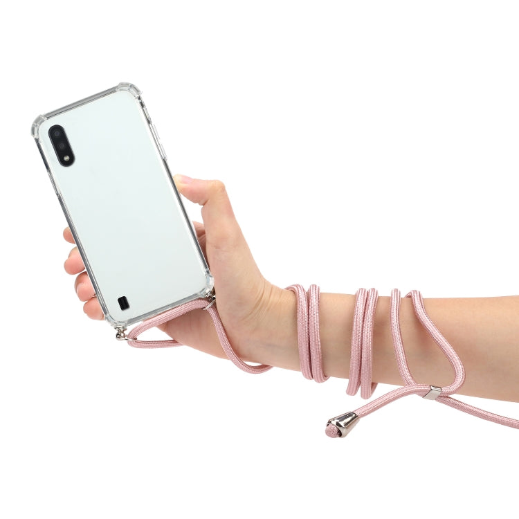 For Samsung Galaxy A01 (EU Version) Four-Corner Anti-Fall Transparent TPU Protective Case with Lanyard