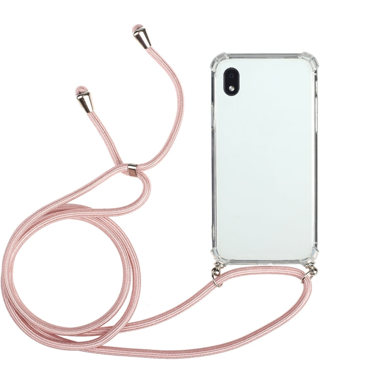 For Samsung Galaxy A01 Core Four-Corner Anti-Fall Transparent TPU Protective Case with Lanyard
