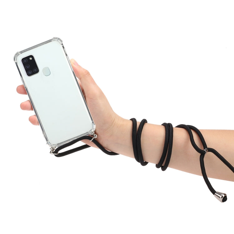 For Samsung Galaxy A21s Four-Corner Anti-Fall Transparent TPU Protective Case with Lanyard
