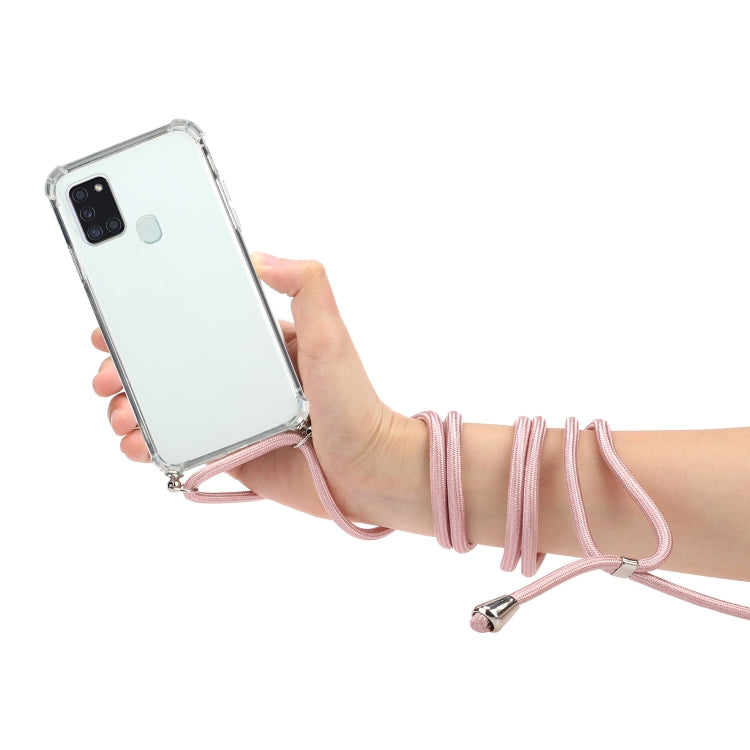 For Samsung Galaxy A21s Four-Corner Anti-Fall Transparent TPU Protective Case with Lanyard