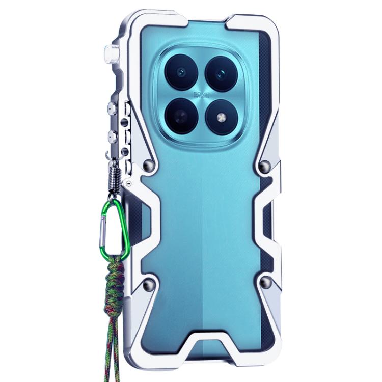 For Xiaomi Poco M8 5G Trigger Design Hollow Metal Frame Phone Case with Lanyard