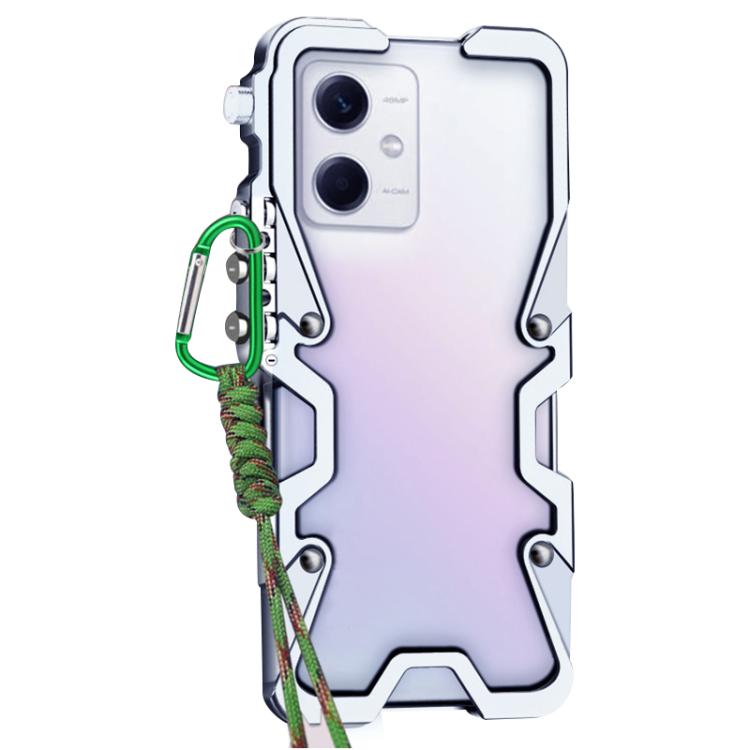 For Redmi Note 12 5G Global Trigger Design Hollow Metal Frame Phone Case with Lanyard