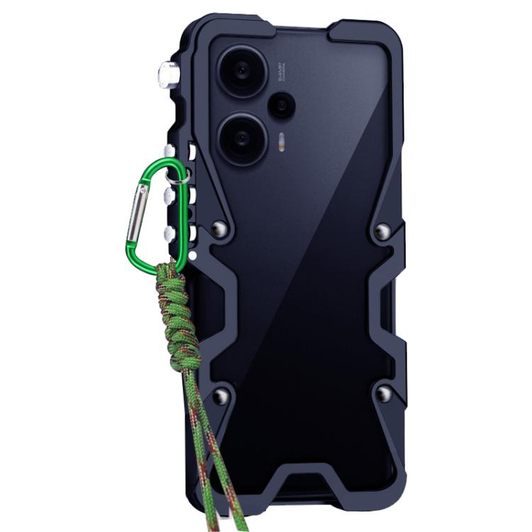 For Redmi Note 12 Turbo Trigger Design Hollow Metal Frame Phone Case with Lanyard