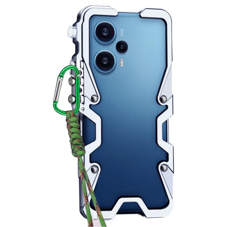 For Redmi Note 12 Turbo Trigger Design Hollow Metal Frame Phone Case with Lanyard