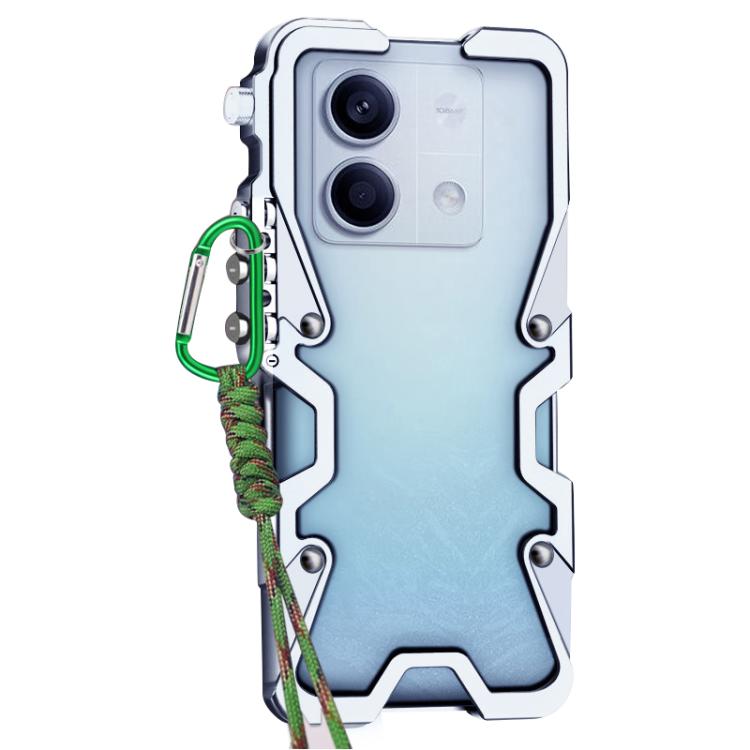 For Redmi Note 13 5G Trigger Design Hollow Metal Frame Phone Case with Lanyard