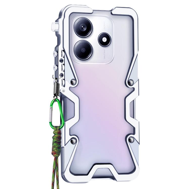 For Redmi Note 14 5G Trigger Design Hollow Metal Frame Phone Case with Lanyard