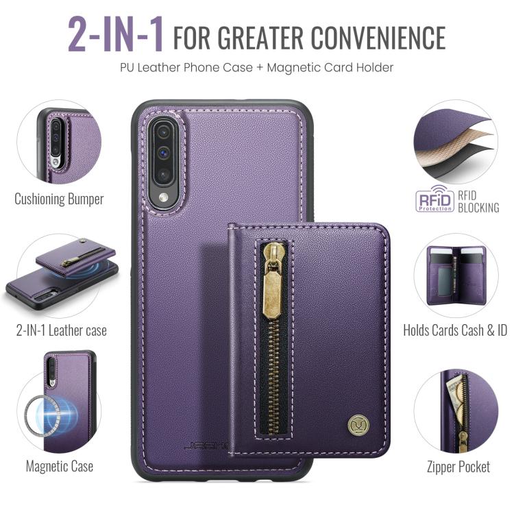 For Samsung Galaxy A50 JEEHOOD J12 Exquisite RFID MagSafe Zipper Card Bag Phone Case