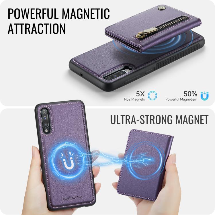 For Samsung Galaxy A50 JEEHOOD J12 Exquisite RFID MagSafe Zipper Card Bag Phone Case