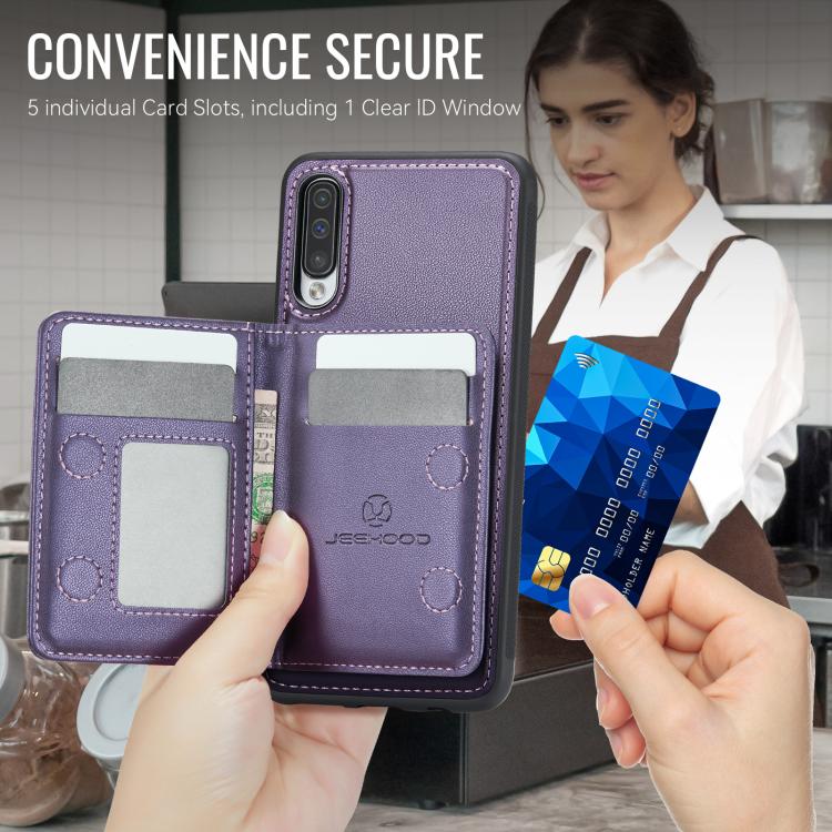 For Samsung Galaxy A50 JEEHOOD J12 Exquisite RFID MagSafe Zipper Card Bag Phone Case