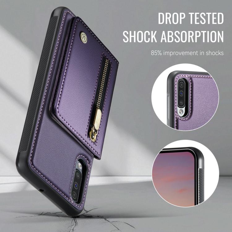 For Samsung Galaxy A50 JEEHOOD J12 Exquisite RFID MagSafe Zipper Card Bag Phone Case