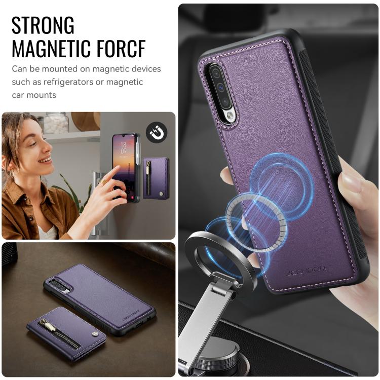 For Samsung Galaxy A50 JEEHOOD J12 Exquisite RFID MagSafe Zipper Card Bag Phone Case