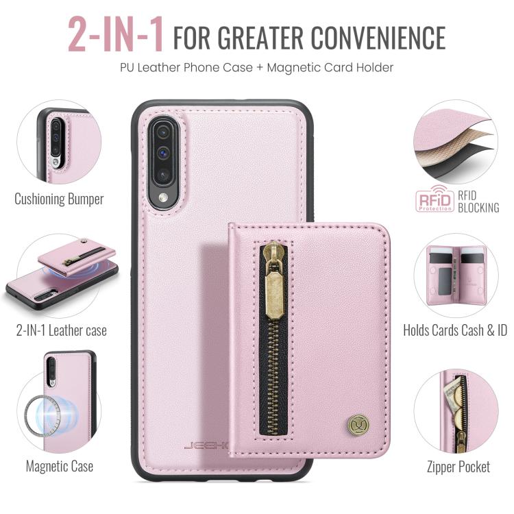 For Samsung Galaxy A50 JEEHOOD J12 Exquisite RFID MagSafe Zipper Card Bag Phone Case