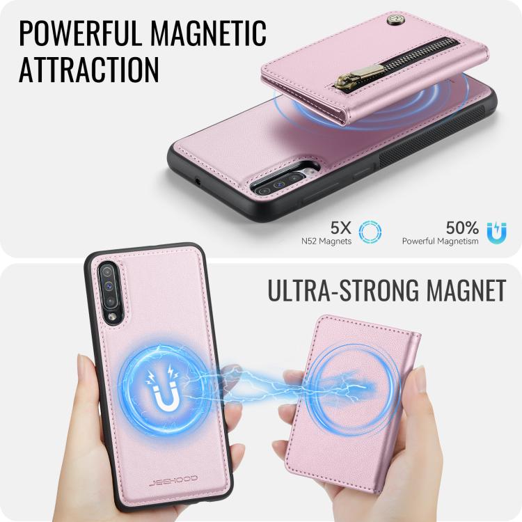 For Samsung Galaxy A50 JEEHOOD J12 Exquisite RFID MagSafe Zipper Card Bag Phone Case