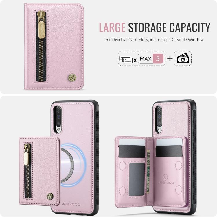 For Samsung Galaxy A50 JEEHOOD J12 Exquisite RFID MagSafe Zipper Card Bag Phone Case